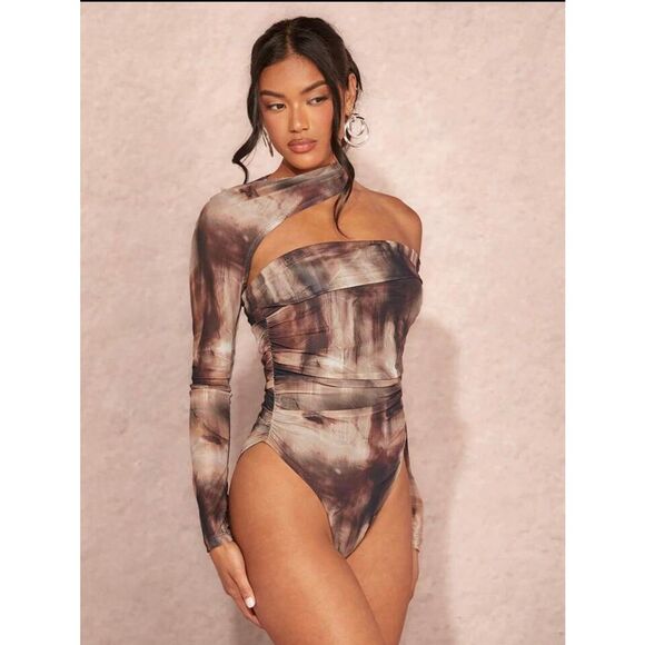 SHEIN BAE Women's Summer Tie Dye Printed Asymmetrical Collar Ruched Slim Fit Bod - Picture 1 of 8